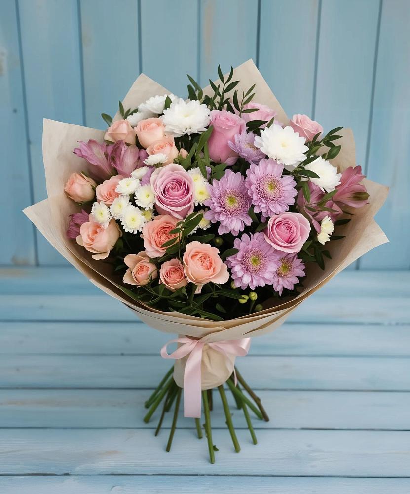 Букет цветов из: Хризантемы, Розы и Альстромерии в Подгородней Покровке