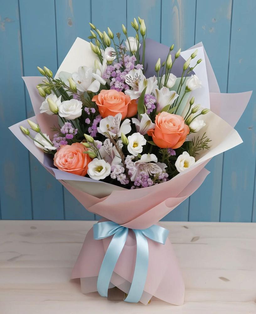 Букет цветов из: Лизиантусы, Розы, Альстромерии и Гипсофила в Подгородней Покровке