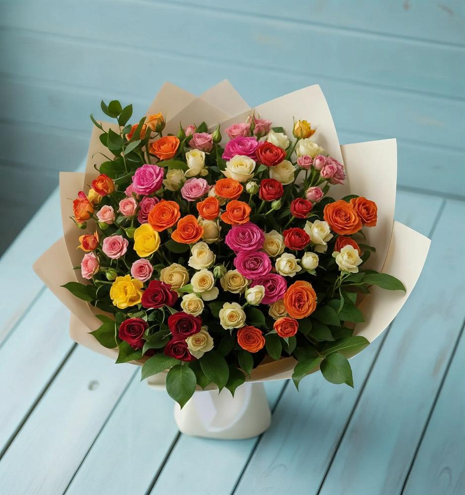 Букет Микс из разноцветных кустовых роз в Подгородней Покровке