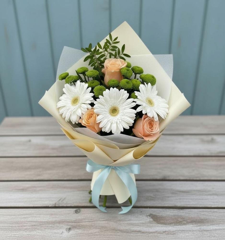 Букет цветов из: Герберы, Розы и Хризантемы в Подгородней Покровке