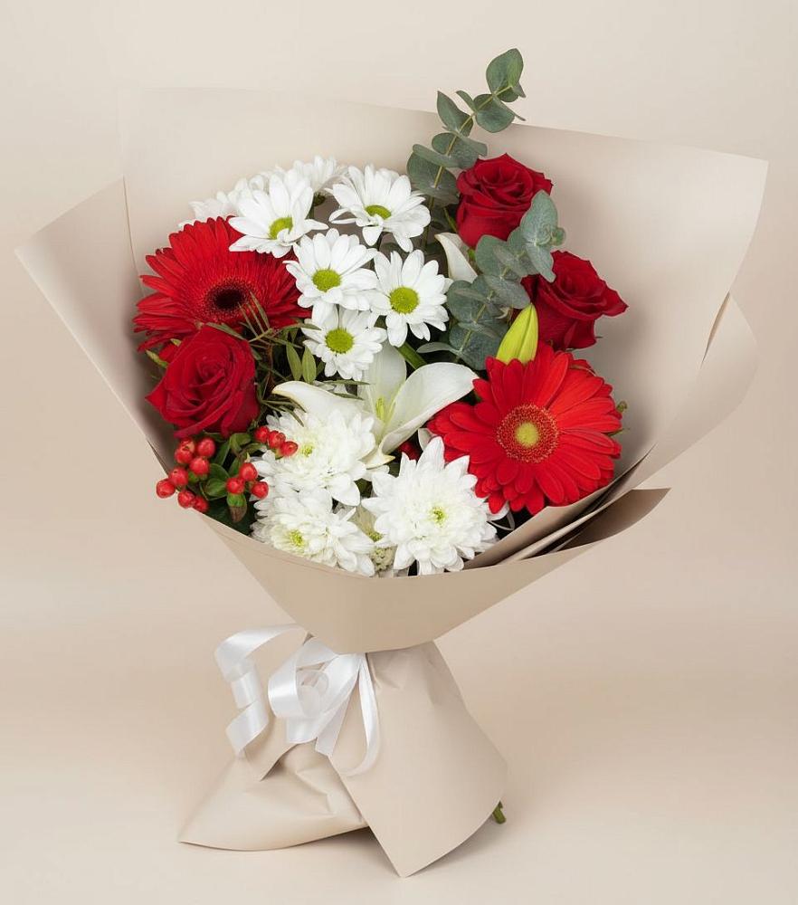 Букет цветов из: Розы, Хризантемы, Герберы и Лилии в Подгородней Покровке