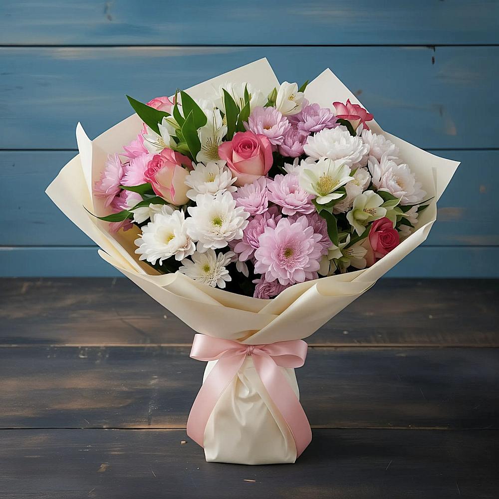 Букет цветов из: Хризантемы, Альстромерии и Розы в Подгородней Покровке